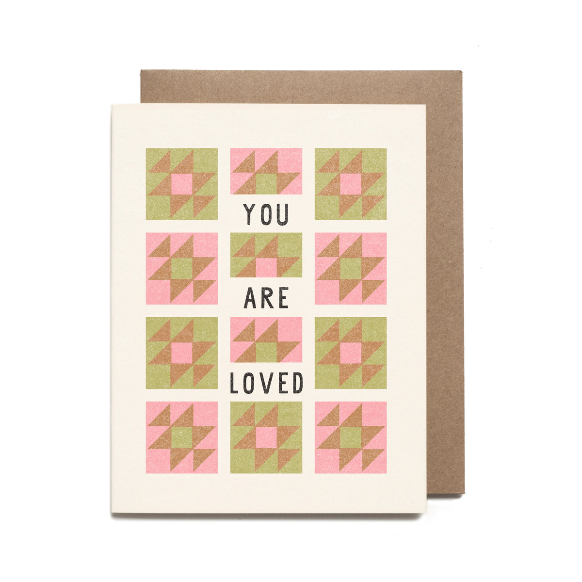 Greeting card with geometric pattern and 'You are loved' text on a white background